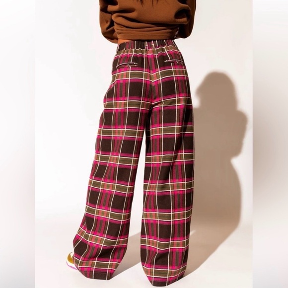 Dressed in LALA Plaid Wide-Leg Pants Pink and Brown - Picture 2 of 5